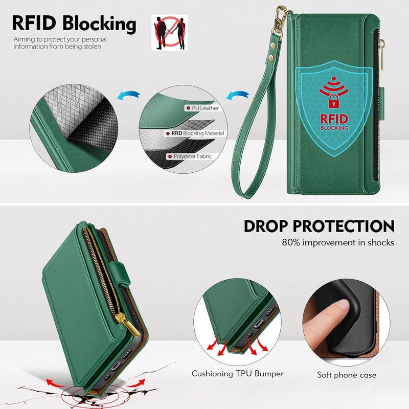 Antsturdy Compatible with iPhone 16 Pro Max Wallet Case,RFID Blocking PU Leather Phone Case Women Men Kickstand flip Cover Wrist Strap Zipper Credit Card Holder Slots for Apple 16 ProMax,Green - Image 4